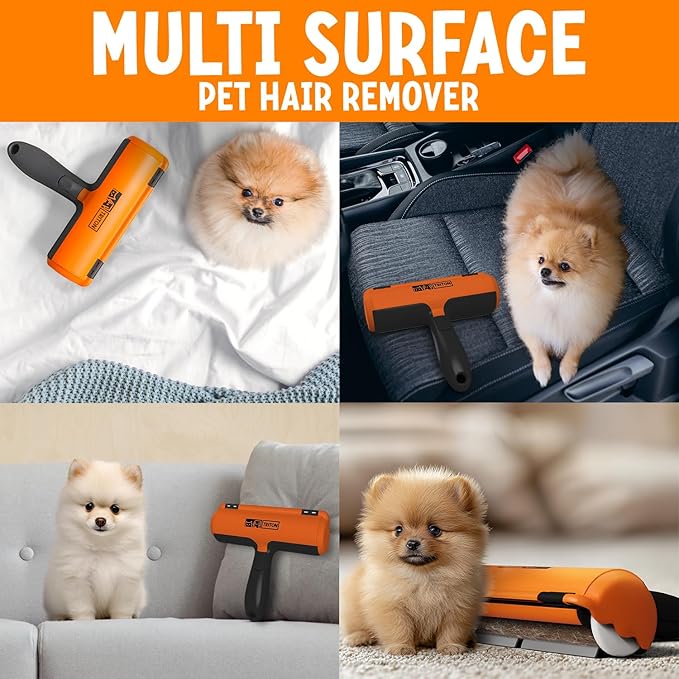 Triton Pet Hair Removal Tool w/Fur Trapping Compartment and Detachable Handle, 60% Smaller Storage Size, Reusable Shedding Roller, Cat and Dog Hair Remover for Car, Furniture, Carpet, Couch (Orange)