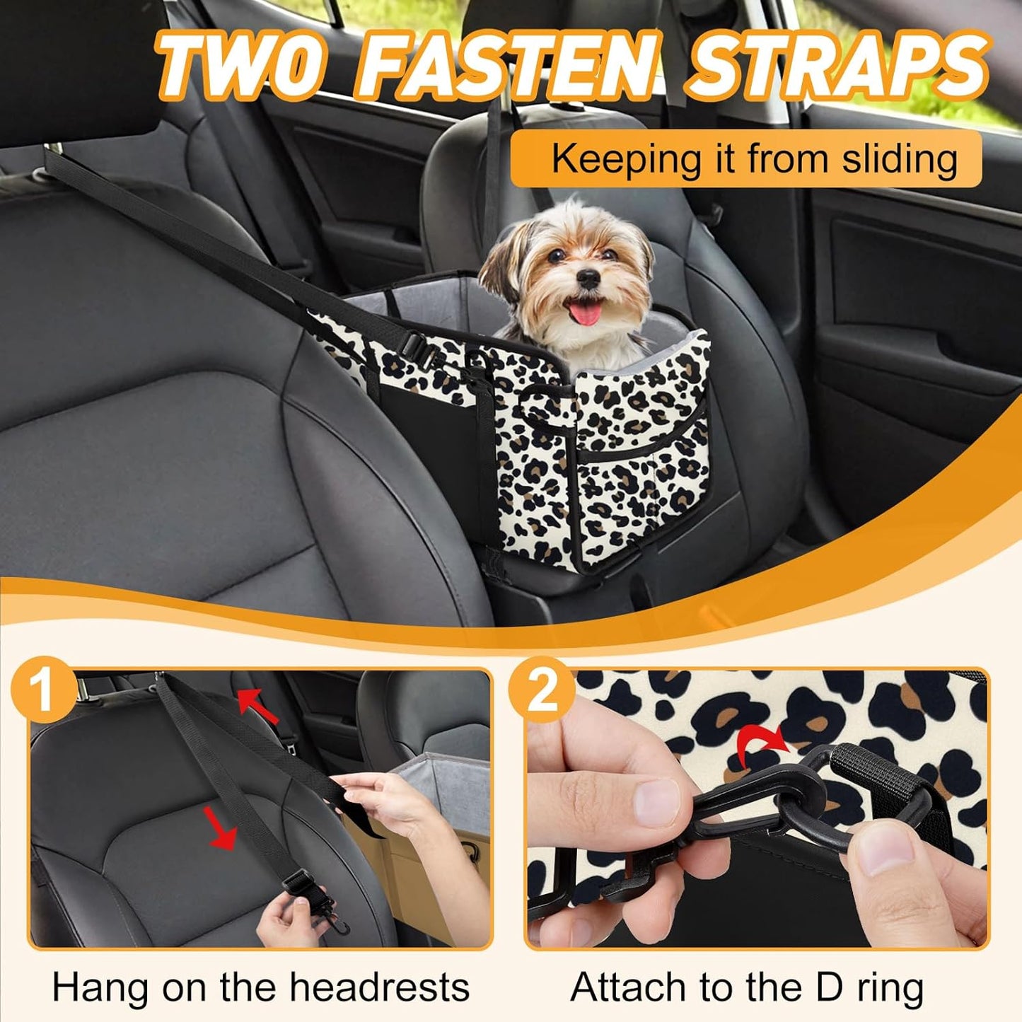 Portable Dog Car Seat for Small Dogs - Adjustable Safety Leash, Washable Cushion & Storage Pocket - Pet Booster Seat for Car Travel- Leopard