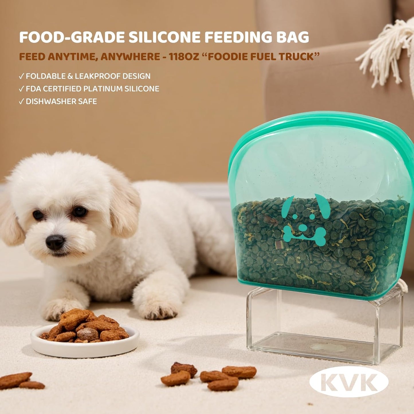 Extra Extra Large Silicone Dog Food Mat 39.4×43.3in and 128oz Silicone Bag Set, Super Size Waterproof Pet Feeding Mat & Container, Non-Slip, Chew-Resistant Floor Protection (Cool Grey&Teal)