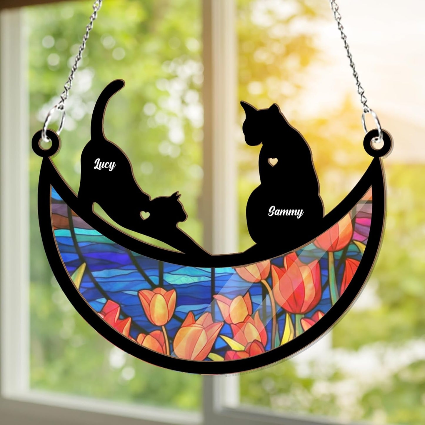 Personalized Couple Cat Suncatcher - Couple Pet On Moon Window Hanging, Loss of Pet Sympathy Gift, Furry Friends Keepsake, Engraved Cat Lovers, Remembrance Gifts