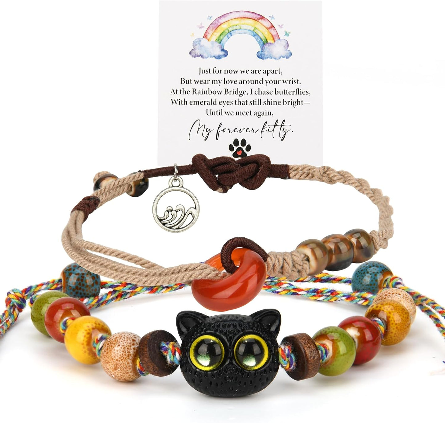 LINGYUAN 2 PCS Pet Memorial Gifts for Cats, Rainbow Bridge Bracelet for Beloved Cat Loss of Pet Remembrance Gifts