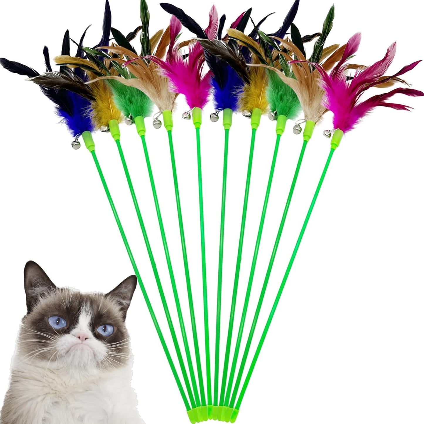 Interactive Cat Wand Feather Toys, 10 Pieces Feathers Stick Cat Toys for Indoor Cats Play