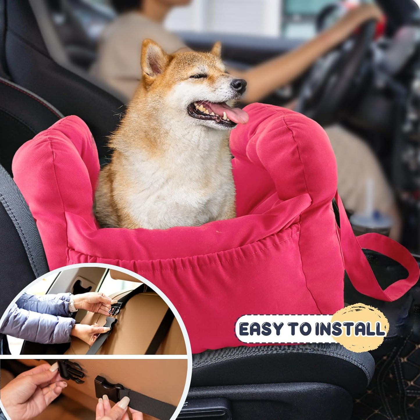 Dog Car Seat for Small Dogs, Portable Puppy Car Seat of Easy Installation, Fashionable Pet Carrier Bag with Large Pockets, Machine Washable Dog Booster Seat (Rose Red)