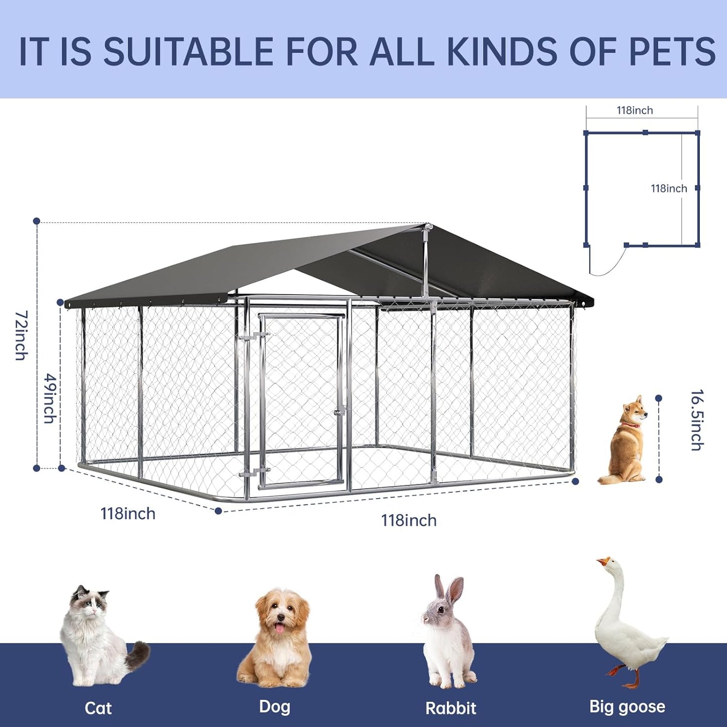 Outdoor Dog Enclosure Heavy Duty Dog Kennel House Mesh Dog Big Cage Pet Kennel Steel Fence with Secure Lock(118”x 118”)