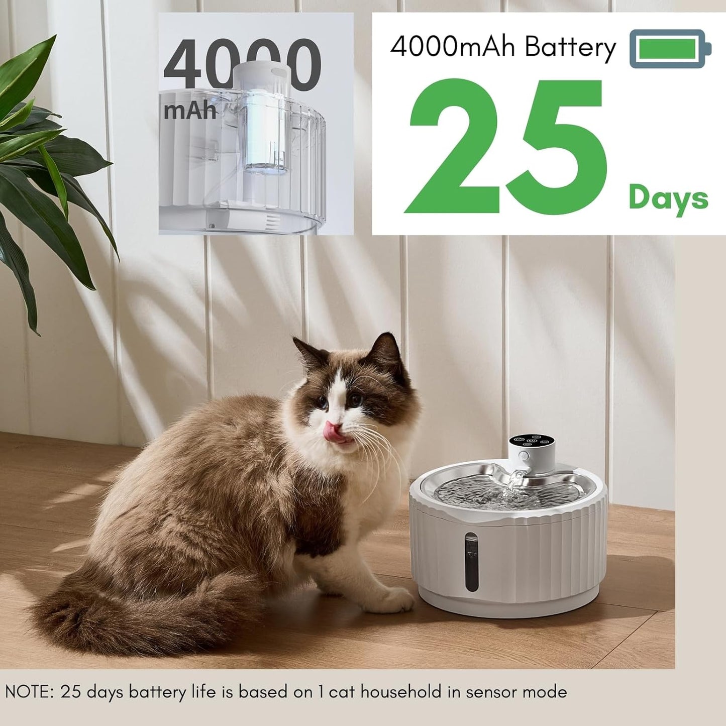 Leafur Cat Water Fountain, Battery Operated - Motion Sensor Pet Fountain 2.8L/95oz, Automatic Water Dispenser with Quiet Pump & Stainless Steel Tray (White Cordless)