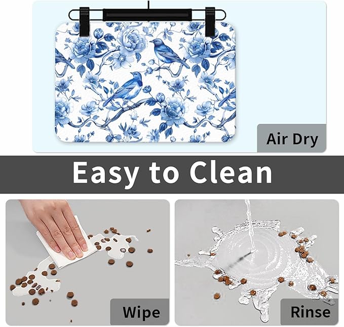 Chinoiserie Floral Birds Dog Food Mat Absorbent Bowl Mats No Stains Quick Dry Waterproof Pet Cat Placemats for Food and Water, 30x45cm