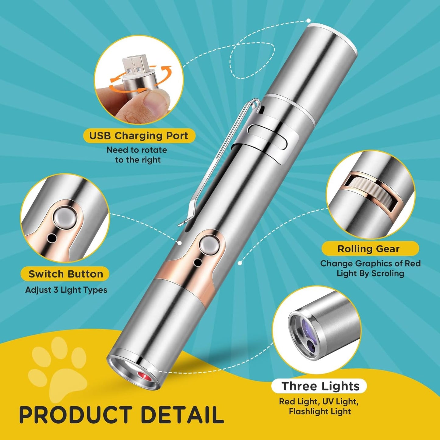 Cat Toy Pointer for Indoor 2 Pack, USB Rechargeable Cat Toy, 3 Light Colors Cat Interactive Toys for Dogs, Cats, Pet Chase Toy for Fun Playing Training Exercise Indoors