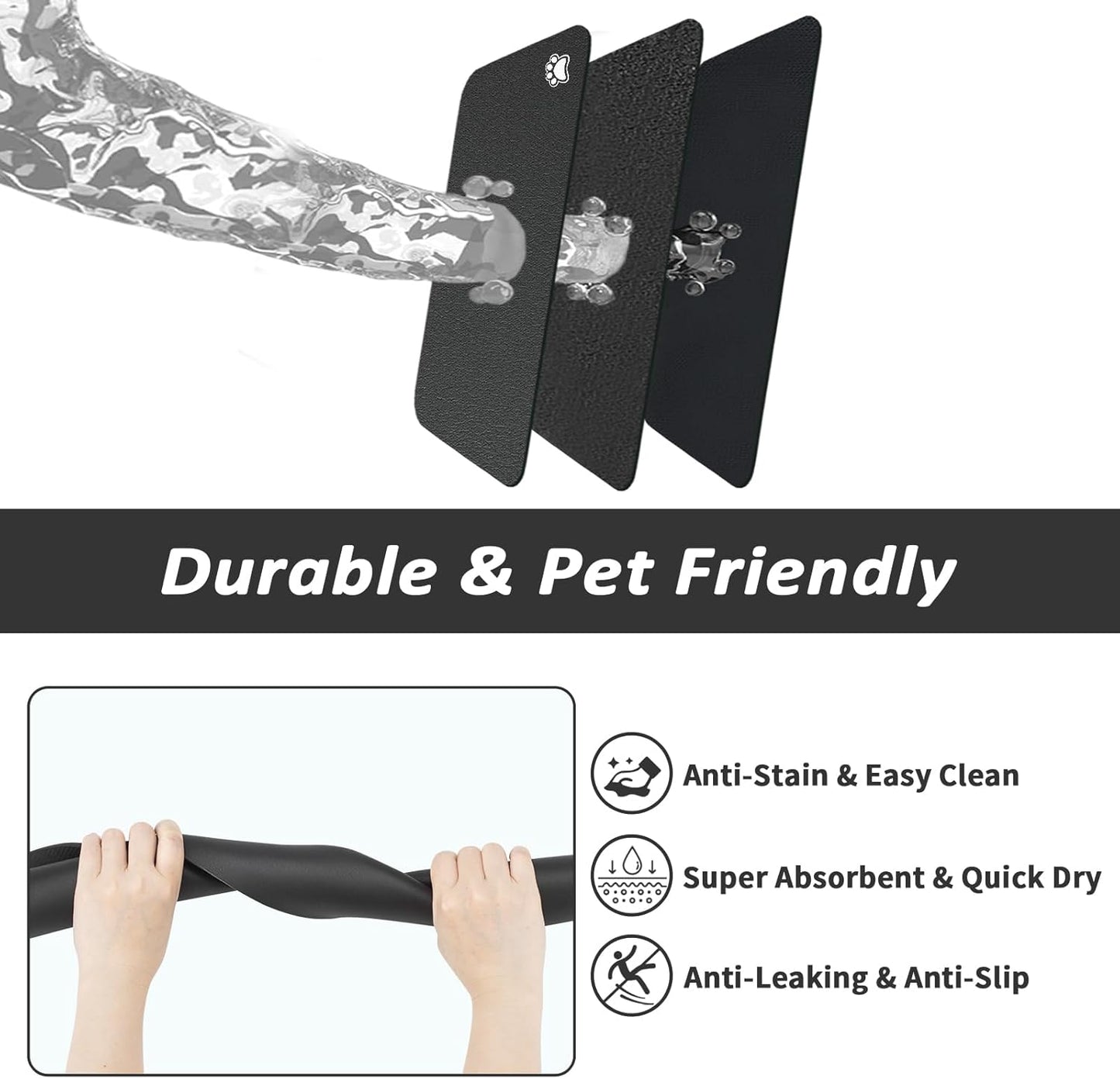 Pet Feeding Mat - Absorbent Dog Mat for Food and Water, No Stains Cat Bowl Mat, Easy to Clean Pet Placemats, Quick Dry Dog Water Dispenser Mat for Messy Drinkers | Paw Black 18"x 34"