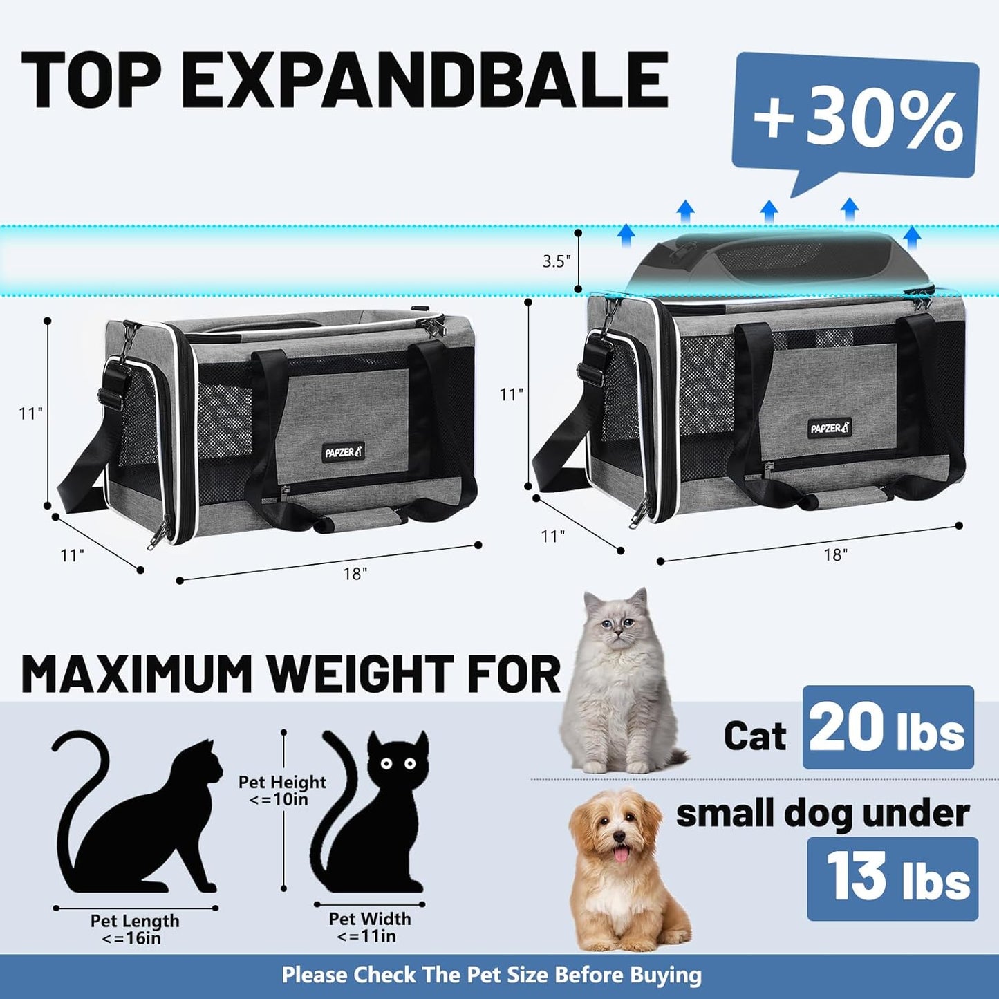 Cat Carrier Top-Expandable 18x11x11, United Delta American Airline Approved Dog Carrier, Soft-Sided Pet Carry Bag Under-Seat in Cabin, Puppy Airplane Travel Crate TSA Plane Kitten Cage Grey