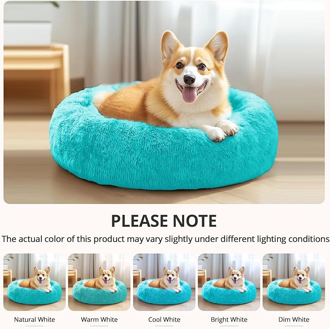 JOLLYVOGUE Medium Calming Dog Bed, Anti-Anxiety Donut Cuddler Cat Bed with Anti-Slip Bottom, Fluffy Faux Fur Machine Washable Pet Cushion for Medium Large Dog & Cat (31")