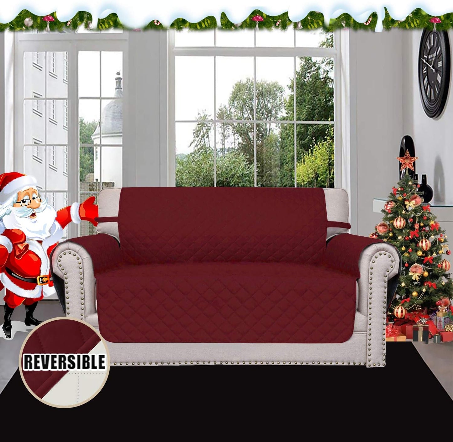 Easy-Going Reversible Loveseat Couch Cover for 2 Cushion Couch Sofa Cover for Dogs Water Resistant Furniture Protector with Foam Sticks Elastic Straps for Pet (Loveseat, Christmas Red/Ivory)