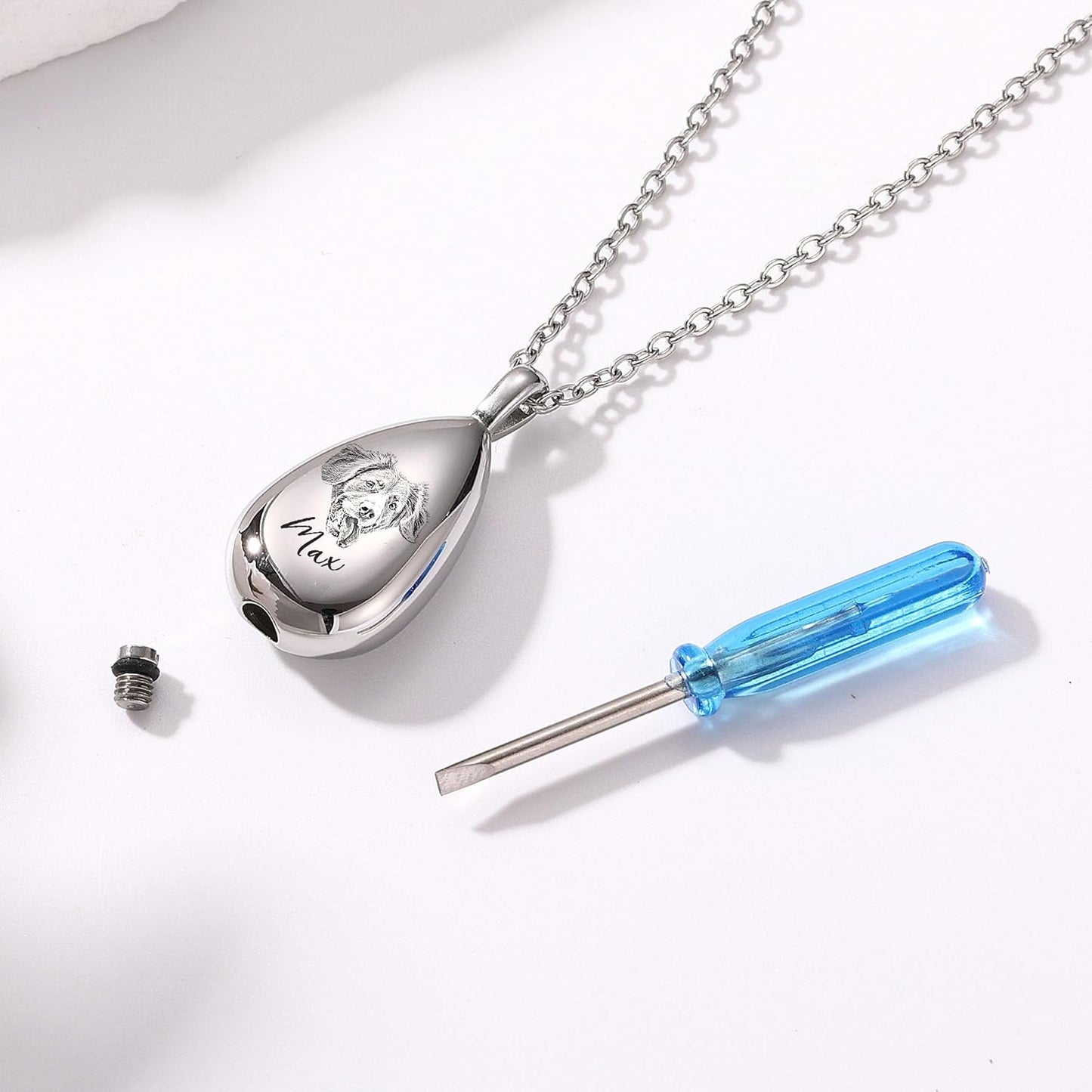 MMXX Personalized Pet Portrait Teardrop Urn Necklace with Name/Photo Stainless Steel Pendant - Cremation Jewelry for Pet Memorial Gifts - Funnel Kit Included