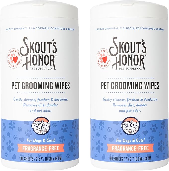 SKOUT'S HONOR Pet Grooming Wipes for Dogs and Cats - Deodorizing, Plant-Based, Biodegradable, Fragrance-Free - for Paws, Faces, Skin Folds & Bums, 80 Count, 2-Pack