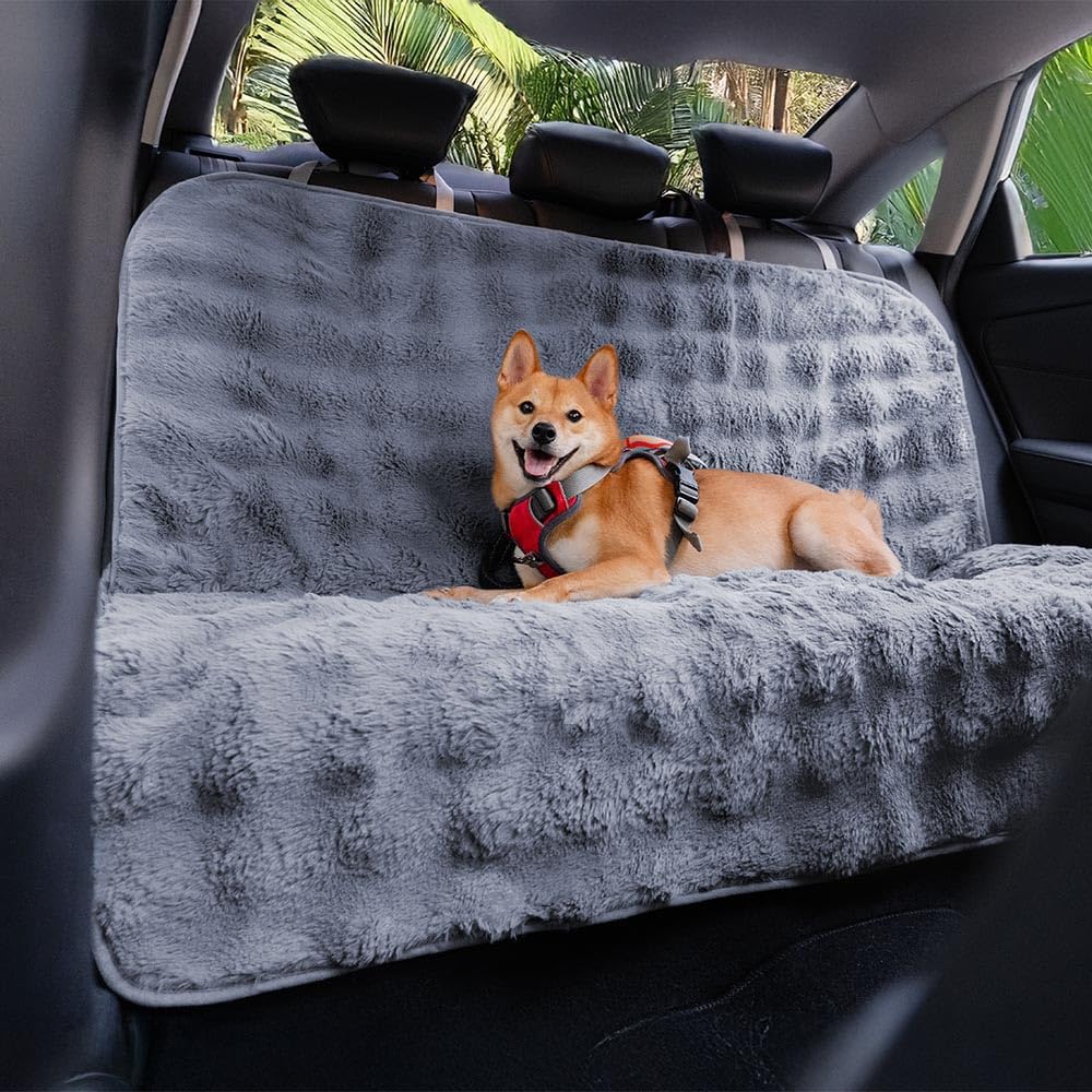 FUNNY FUZZY Fluffy Dog Car Seat Cover for Back Seat (Bench), Water-Resistant with Nonslip Backing,Pet Seat Protector for Cars SUVs Trucks（Gray