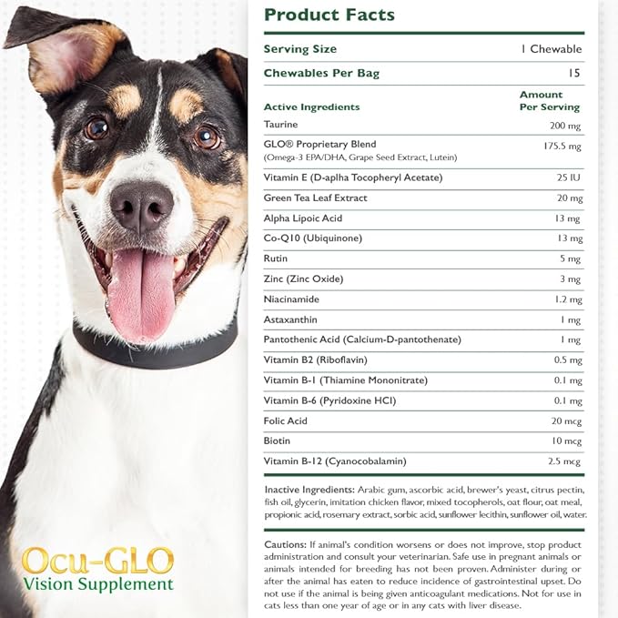 Ocu-GLO Cat & Dog Senior Supplement for Eye Support - Chewable Vision Vitamins Supplements for Large and Small Pets Care with Lutein, Omega-3 Fatty Acids, Grape Seed Extract & Antioxidants