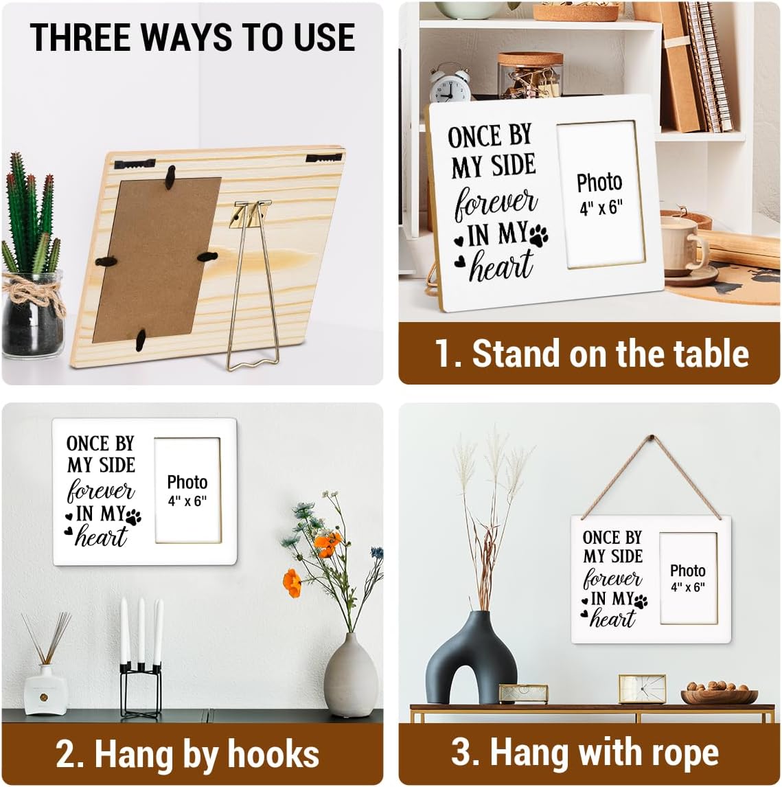 Dog Memorial Gifts Photo Frame, Pet Memorial Gifts for Dogs, Lost of Pet Sympathy Present, Once by My Side Forever in My Heart Wooden Picture Frames with Paw Print, Photo 4 x 6 Inches