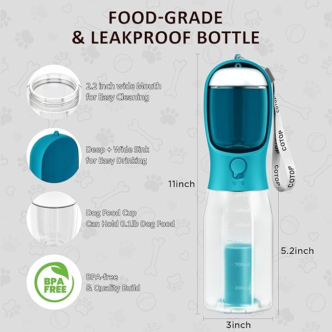20oz Dog Water Bottle with Food Container & Poop Bag Dispenser | Leak-Proof Portable Pet Water Dispenser with Carabiner Clip | for Walking, Hiking, Travel (Cyan, 20oz)