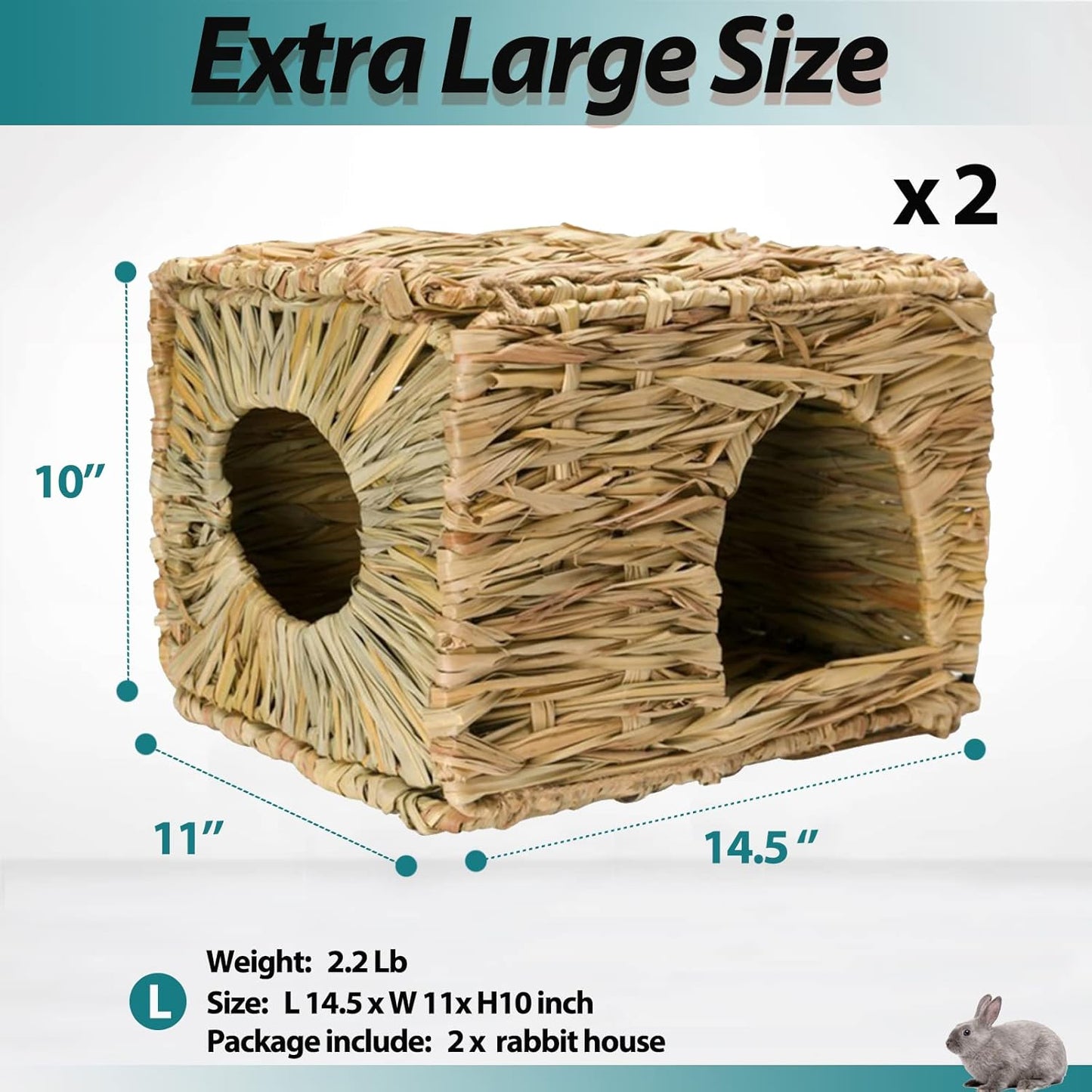 HERCOCCI Extra Large Grass House for Rabbit, Foldable & Comfortable - Small Animal Hut Play Hideaway Bed Hay Mat Chew Toy for Bunny Guinea Pig Hamster Chinchilla (2 Pack)