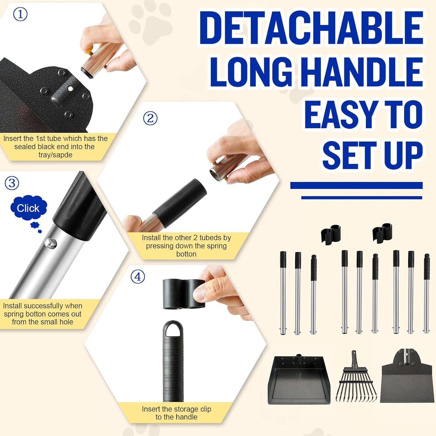 Dog Pooper Scooper for Large Dogs, 3 Pack Adjustable Long Handle Metal Tray, Rake and Spade Poop Scoop with Bin for Pet Waste Removal, No Bending Clean Up for Medium and Large Dogs