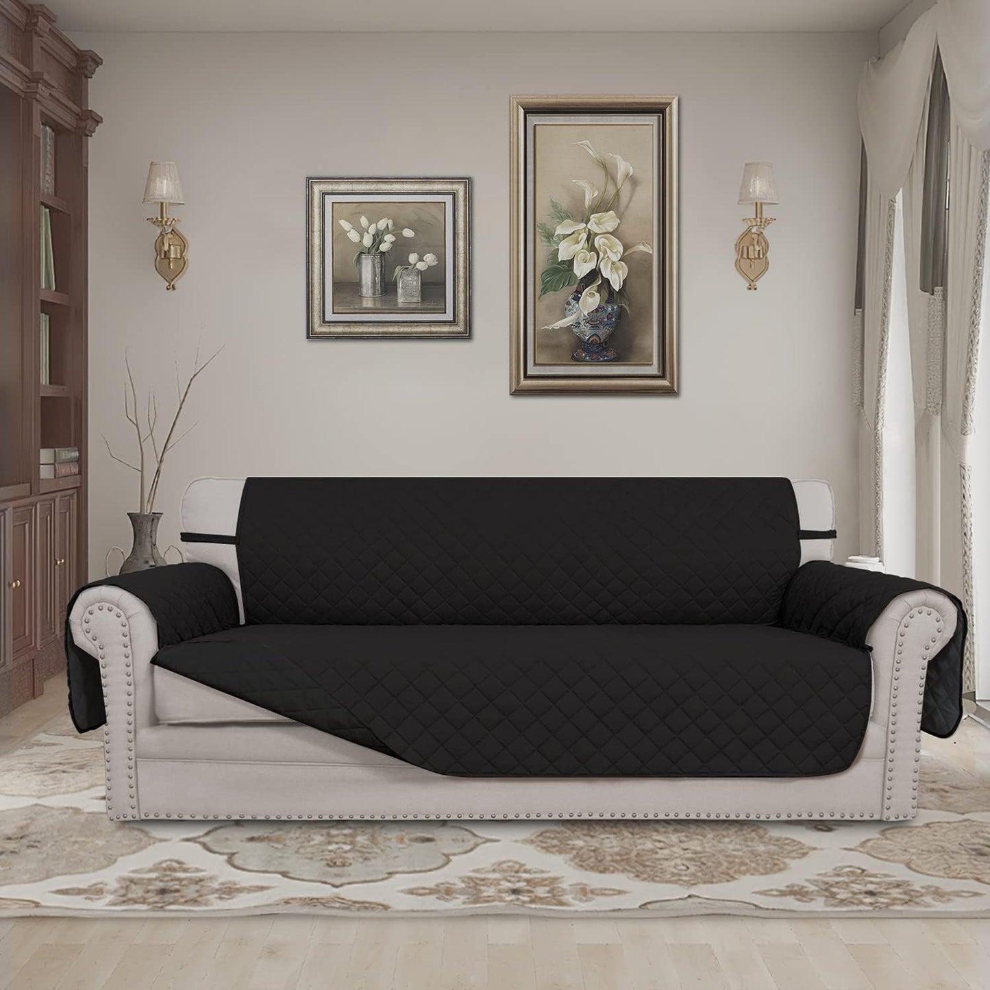 Easy-Going 4 Seater Sofa Slipcover Reversible Sofa Cover Water Resistant Couch Cover with Foam Sticks Elastic Straps Furniture Protector for Pets Children Dog Cat (XX-Large, Black/Black)