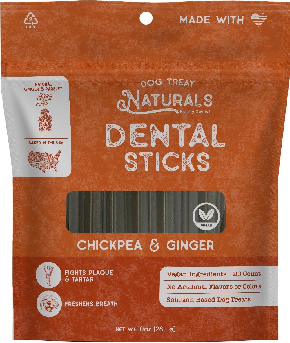 Dog Treat Naturals Dental Chew Sticks | Helps Clean Teeth and Easy to Digest Dog Treats | Dog Breath Freshener | Made with Chickpea & Ginger| Made in USA (20 Sticks)