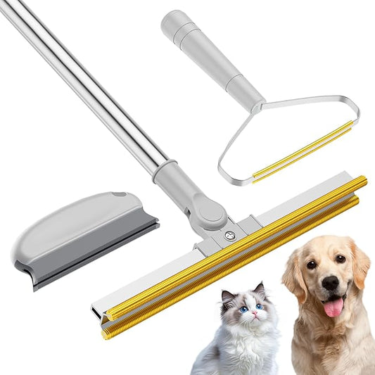 3 in 1 Carpet Rake for Pet Hair Removal, Tool Set of 3, 55” Long Handle Carpet Pet Hair Removal Carpet Scraper Dog Cat Hair Remover for Sofa, Couch, Car, Rug (Gray)