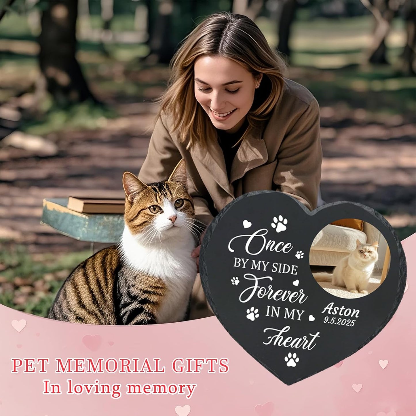 Personalized Pet Memorial Stone - Heart-Shaped Custom Cat Grave Marker with Engraved Name & Photo - Pest Grave Stone for Remembrance Dog/Cat Passing Away Sympathy Gifts (Style C)