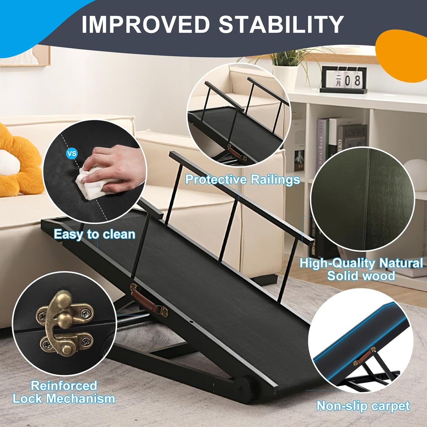 Dog Ramp for Bed and Couch- 5 Height Adjustable Solid Wood Pet Ramp for Small, Medium & Large Dogs, Collapsible Anti-Slip Dog Ramp for Sofa, Couch & Beds (Black, 115)