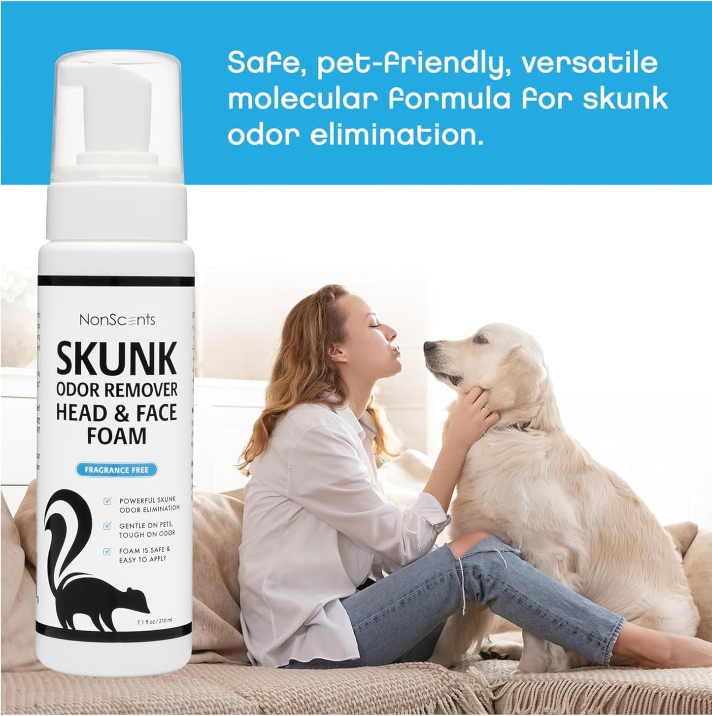 NonScents Skunk Odor Remover Head & Face Foam – Easily Eliminate Skunk Odor from Pets, Carpets, Clothing, Ready-to-Use for Dogs, Cats, Home, Carpet, Car, Clothes - Fragrance Free Freshener