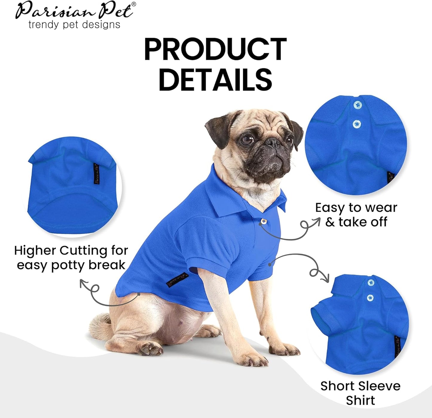 Parisian Pet Dog Polo Shirts - Breathable Cotton Shirt - Solid Blue, Summer Pullover - Button Up Collar Polo for Small Dogs XS