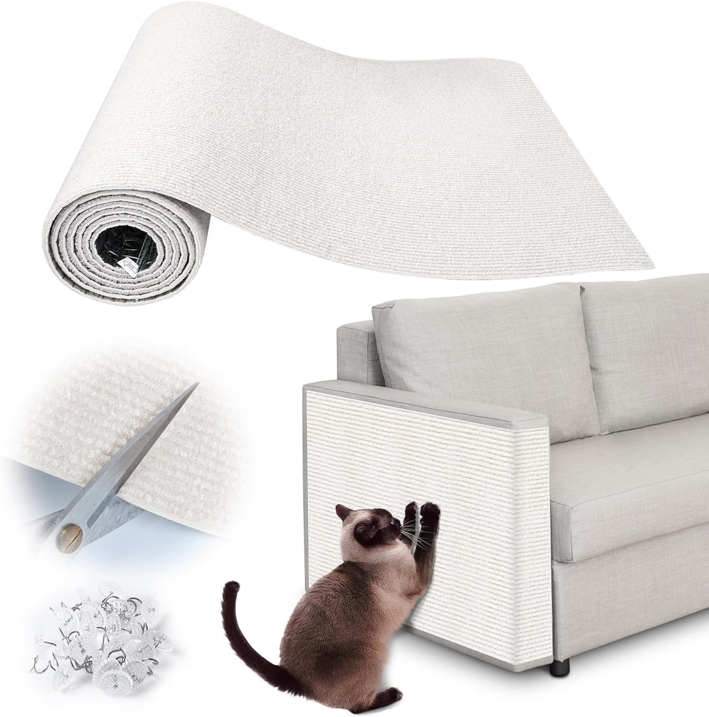 Cat Scratch Furniture Protector - 158" x 13.8" Trimmable Self-Adhesive Cats Claws Scratch Pads, DIY Cat Climbing Couch Protector for Scratch Post Cat Tree Replacement Indoor (Cream White)