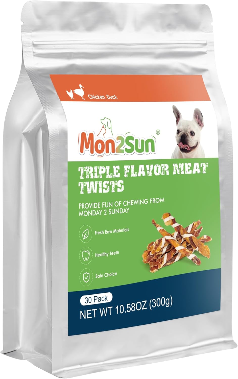 MON2SUN Dog Treats, Triple Flavor Jerky Twist Sticks, 4.5-5 Inch Chicken Duck and Codfish Sticks Chews for Small Dogs, Healthy Snacks, 10.58 oz (30 Count-Pack of 1)