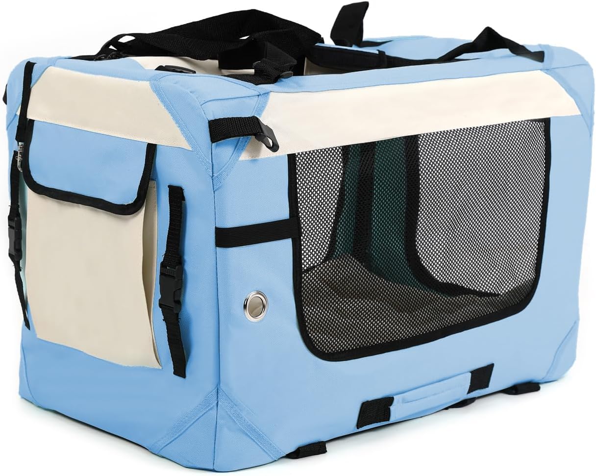 Large Cat Carrier Collapsible Travel Dog Crate Portable Soft-Sided Pet Kennel with Super Soft Warm Plush Pillow for Indoor and Outdoor 20x14x14in,Sky Blue