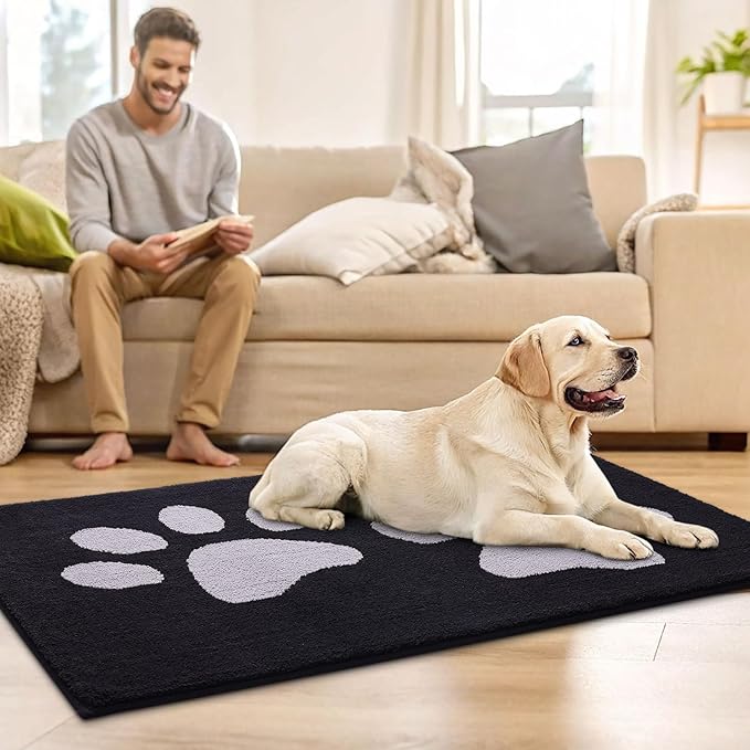 Buganda Dog Door Mat for Muddy Paws, Absorbent Dirt Trapper Washable Indoor Doormats, Non Slip Low-Profile Mud Mat for Dogs, Front Entrance Doormat for Inside Floor (48x30 Inches, Black and Grey)