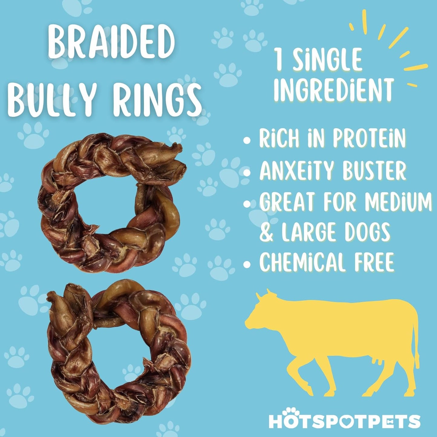 hotspot pets Braided Bully Stick Rings for Dogs -(6 Pack) Premium All Natural Long Twisted Beef Pizzle Dog Chew Treats - Grain Free Fully Digestible Rawhide Alternative Bones