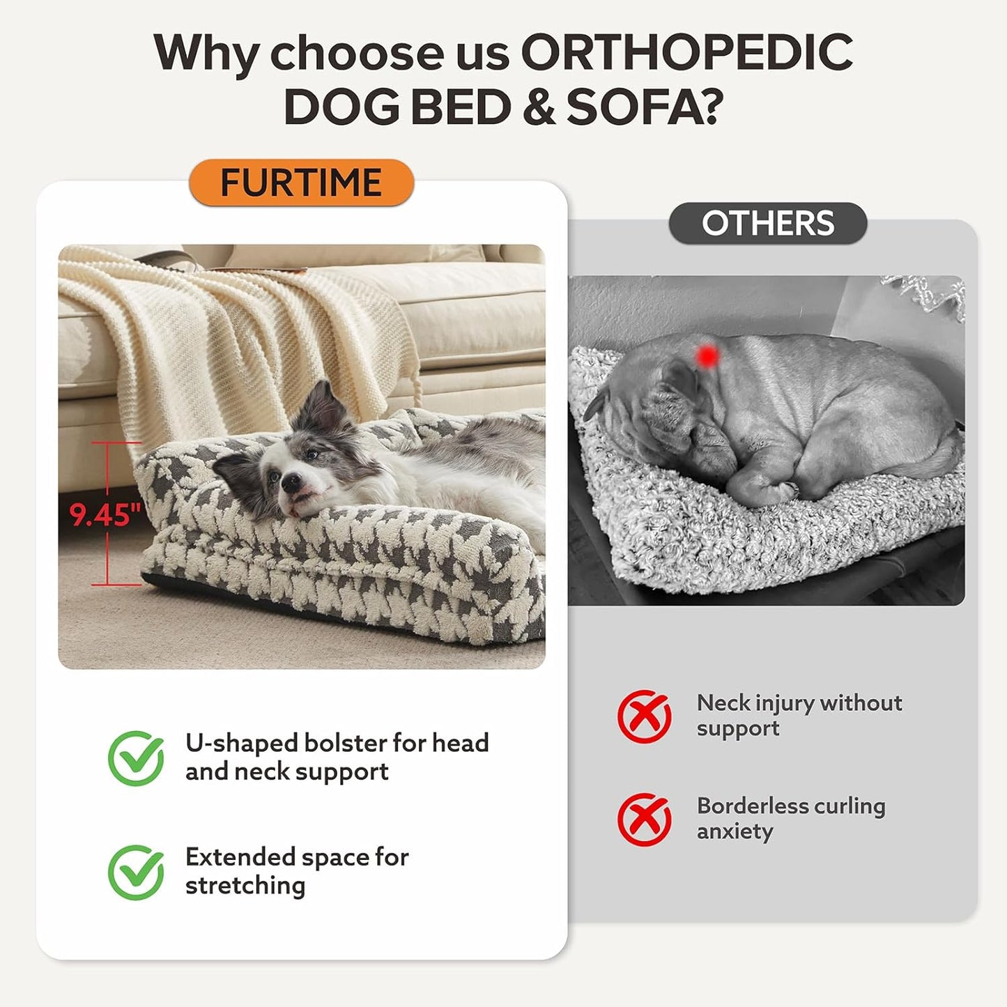 FURTIME Orthopedic Dog Beds Large Sized Dog, XXL Washable Memory Foam Pet Couch Bed with Removable Washable Cover, Non-Slip Bottom with Bolster Sides, Grey