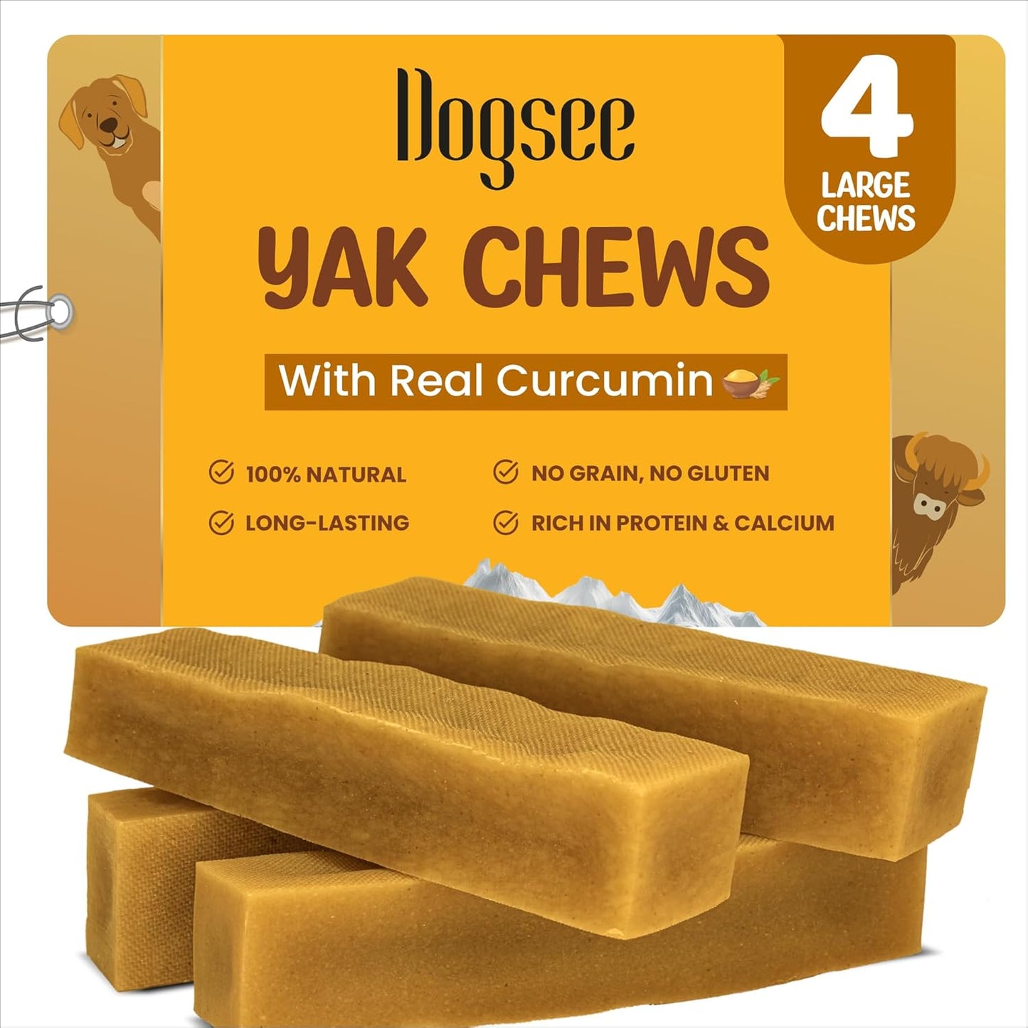 Dogsee Yak Cheese Himalayan Dog Chews with Turmeric 1lb (Large - 4 Bars) | 100% All Natural | Treats for Large Breed | Dog Chews Long Lasting for Joint Inflammation | High Protein | Dental Sticks