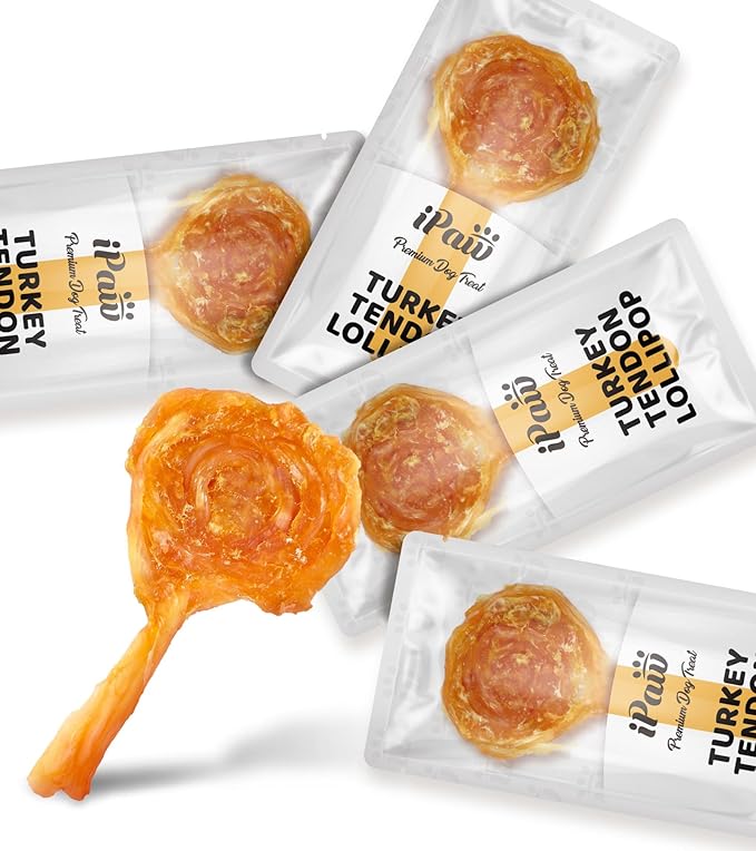 iPaw Turkey Tendon for Dogs, Ingredient Sourced from USA, Hypoallergenic, All Natural Human Grade Puppy Chew, Dog Treats for Signature Series, Rawhide Alternative, 4 Units/Pack Lollipop (Small)