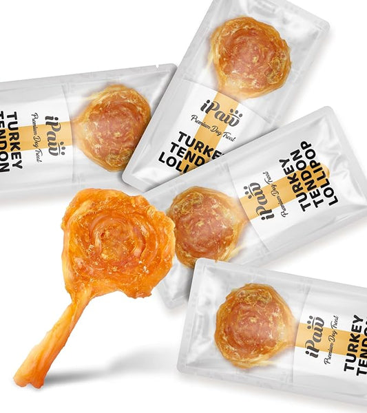 iPaw Turkey Tendon for Dogs, Ingredient Sourced from USA, Hypoallergenic, All Natural Human Grade Puppy Chew, Dog Treats for Signature Series, Rawhide Alternative, 4 Units/Pack Lollipop (Small)