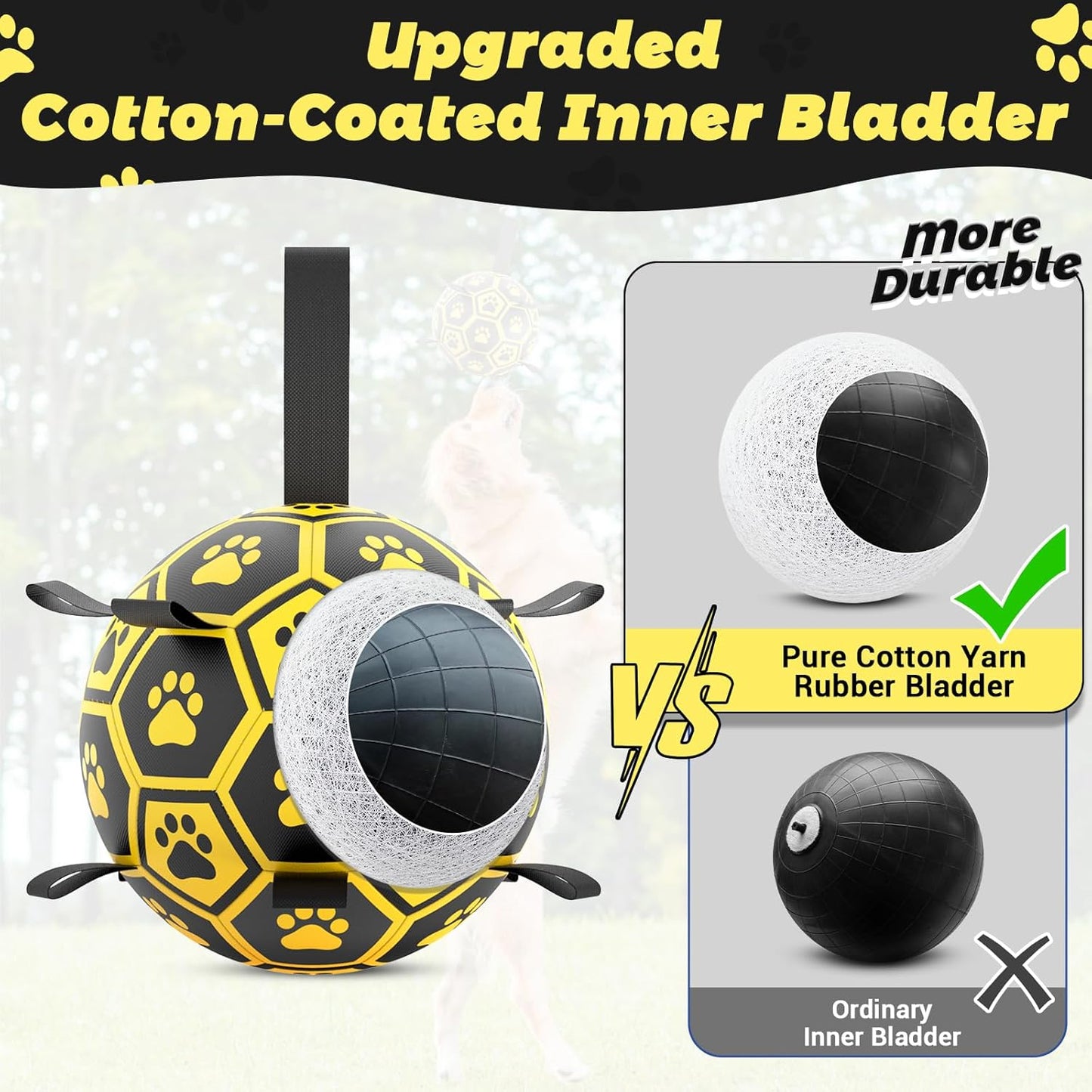 Diman Dog Balls Toys: Soccer Balls for Dogs with Straps, Outdoor Dog Toys, Waterpool Ball, Interactive, Training, Pet Birthday Gifts for Smll Medium Large (Black,Yellow)