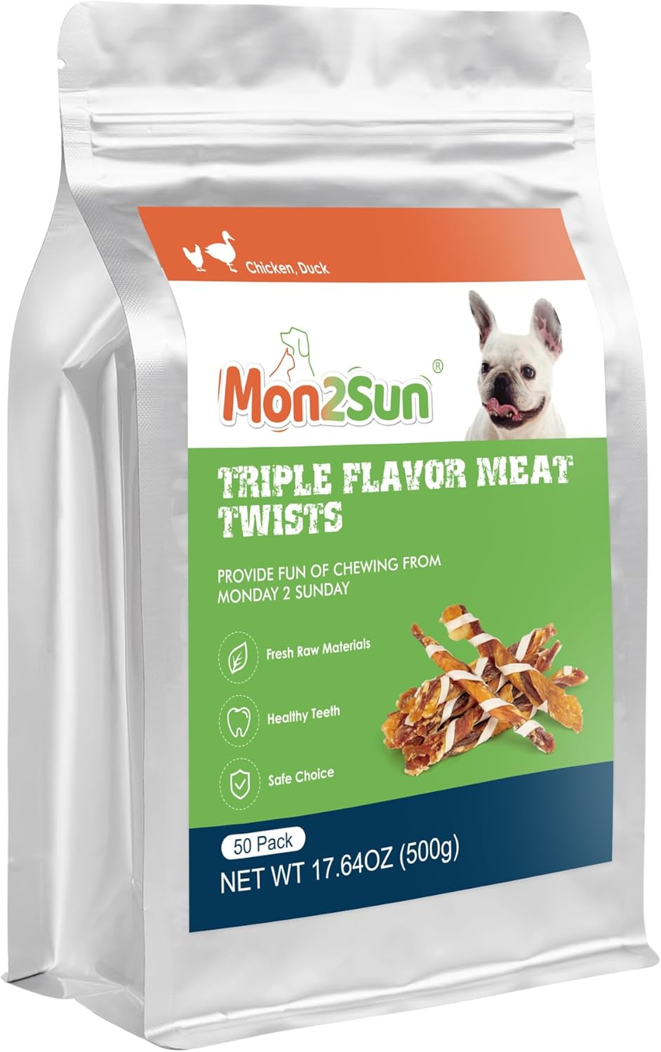 MON2SUN Dog Treats, Triple Flavor Jerky Twist Sticks, 4.5-5 Inch Chicken Duck and Codfish Sticks Chews for Small Dogs, Healthy Snacks, 17.64 oz (50 Count-Pack of 1)
