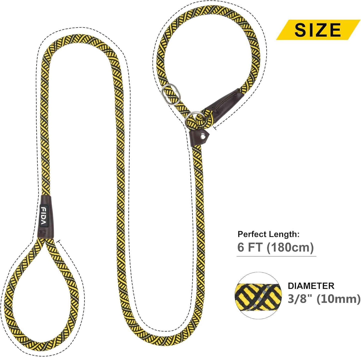 Fida Durable Slip Lead Dog Leash, 6 FT x 3/8" Heavy Duty Comfortable Strong Rope Slip Lead for Small Dogs and Puppies, No Pull Pet Training Leash with Highly Reflective (3/8", Yellow)