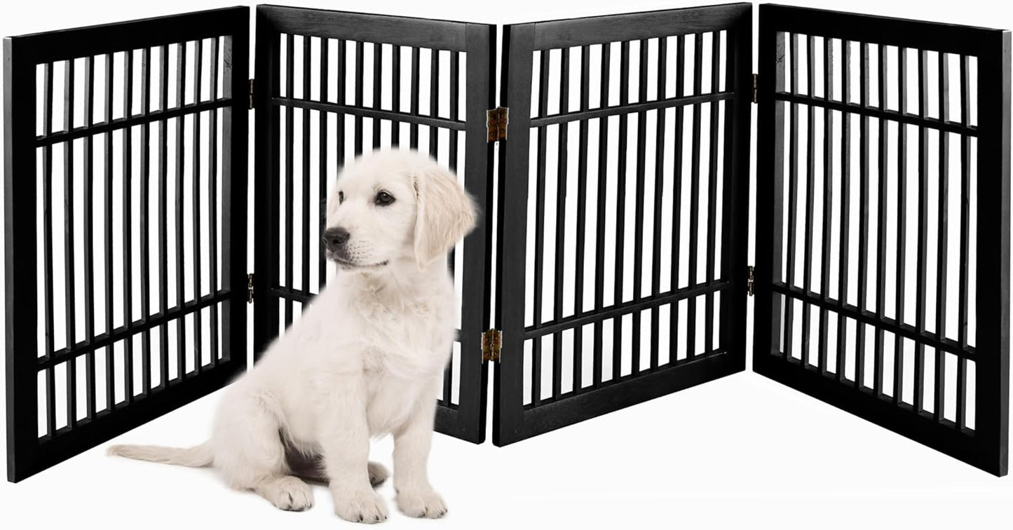 Pet Dog Gate Strong and Durable Freestanding Folding Acacia Hardwood Portable Wooden Fence Indoors or Outdoors by Urnporium (Black Pet Gate, 4 Panel 24" Tall)