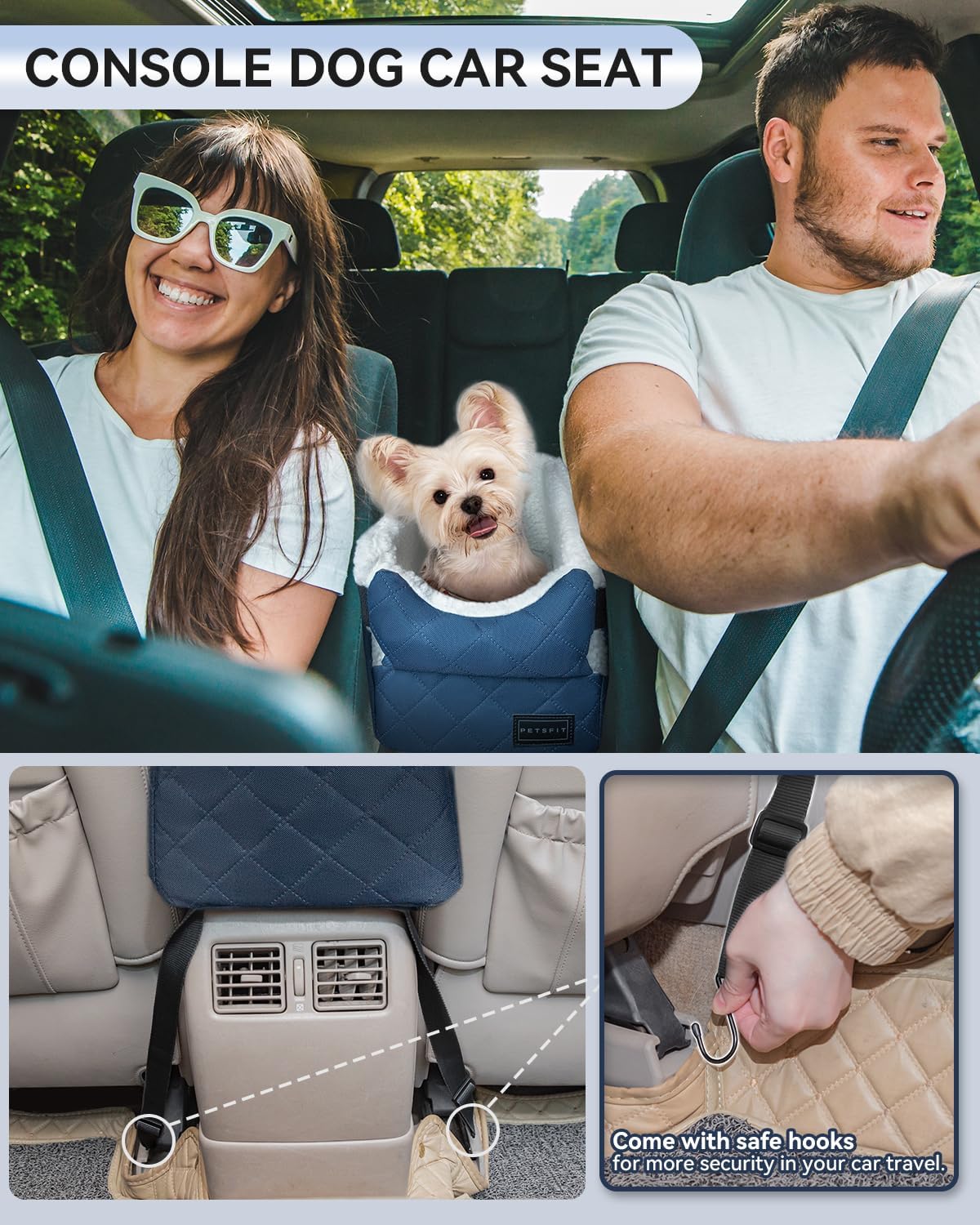 PETSFIT Center Console Dog Car Seat with Safe Protection Hooks, Pet Car Seat with Upgraded Safety Tethers, Washable Cushion, Console Dog Car Seats for Small Dogs Up to 8 Lbs(Blue)