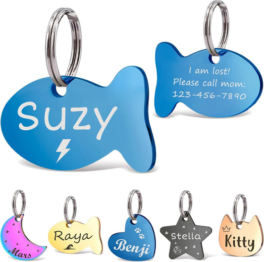 Anavia Small Size Dog Cat ID Tags, Small/XS Personalized Color Plated Stainless Steel Puppy Kitten Name Tags, Customized Engraved Nameplate Pet Collar Tag (Blue, Fish)