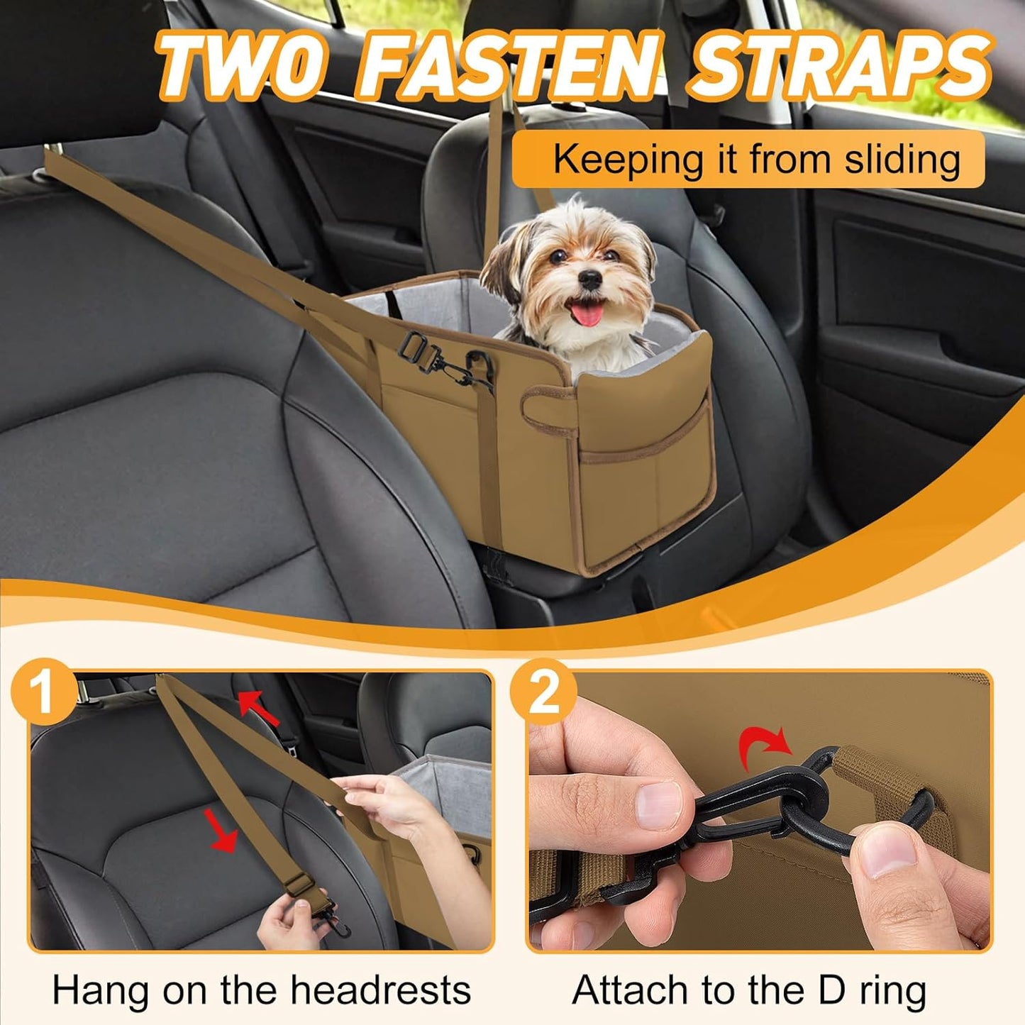 Portable Dog Car Seat for Small Dogs - Adjustable Safety Leash, Washable Cushion & Storage Pocket - Pet Booster Seat for Car Travel- Khaki
