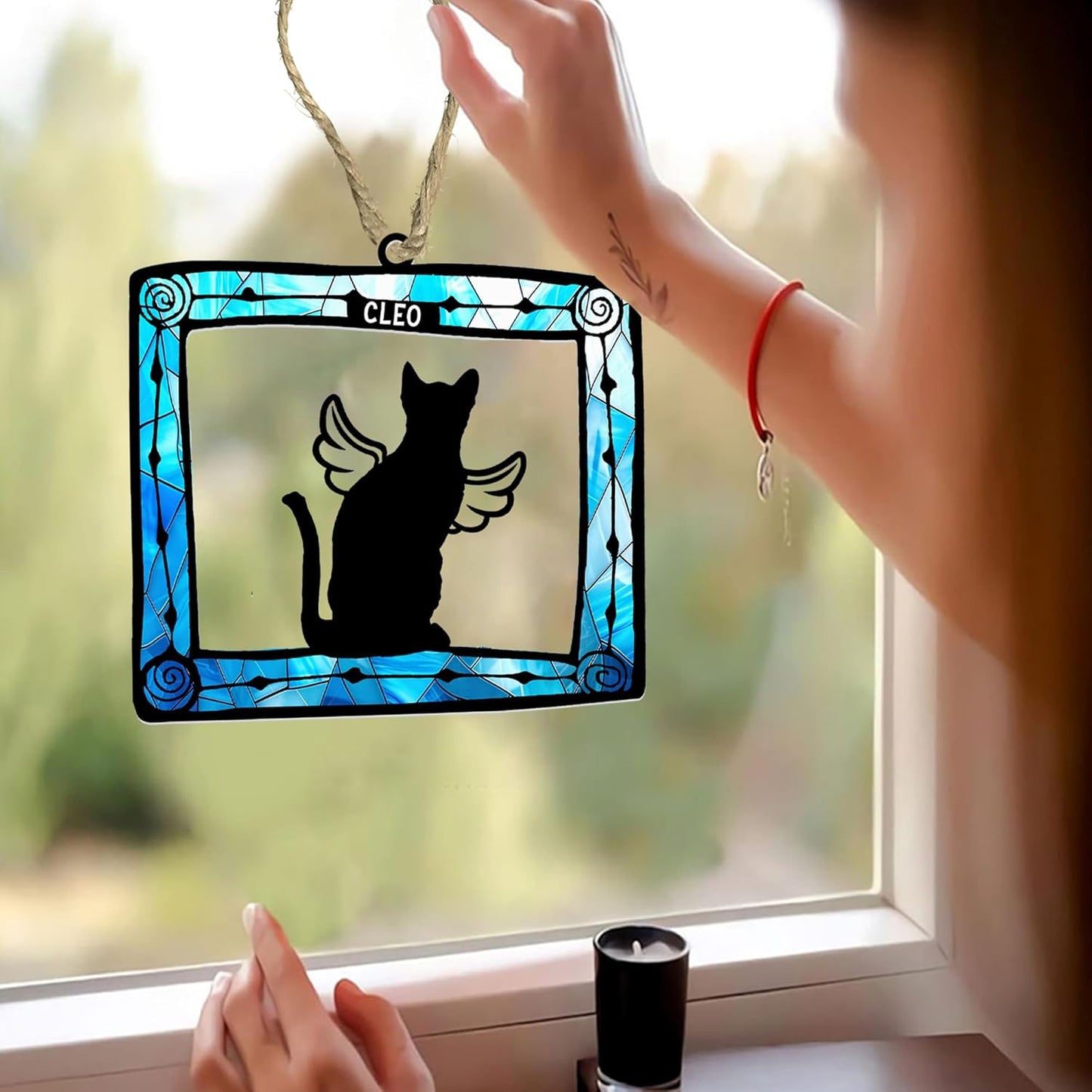 Personalized Cat Memorial Suncatcher – Custom Pet Loss Ornament with Rainbow Stained Glass Frame and Angel Wings Silhouette – Cat Bereavement Gift for Window, Car Mirror, or Sympathy Display