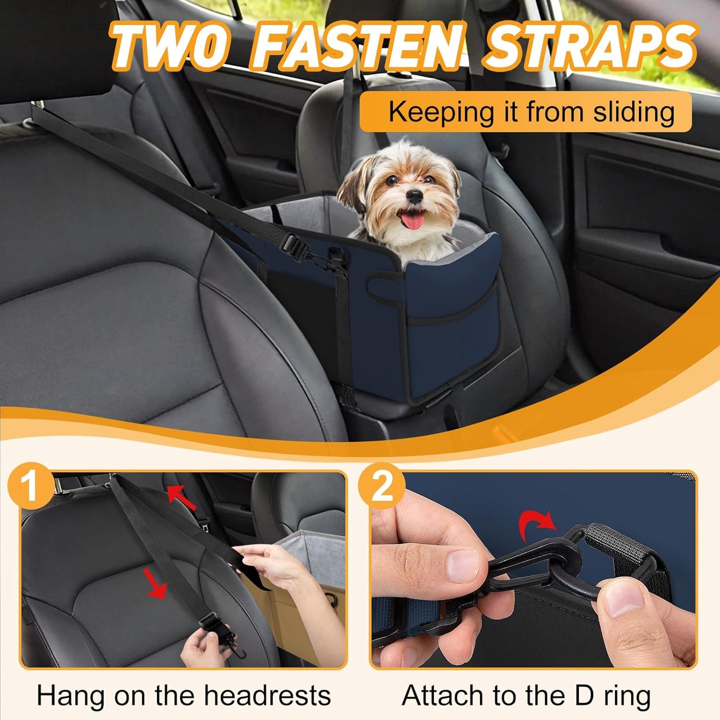 Portable Dog Car Seat for Small Dogs - Adjustable Safety Leash, Washable Cushion & Storage Pocket - Pet Booster Seat for Car Travel- Navy Blue