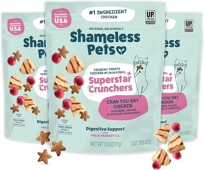 Shameless Pets Crunchy Cat Treats - Kitty Treats for Cats with Digestive Support, Natural Kitten Treats with Real Chicken, Healthy Flavored Feline Snacks - Cran You Say Chicken, 3-Pk
