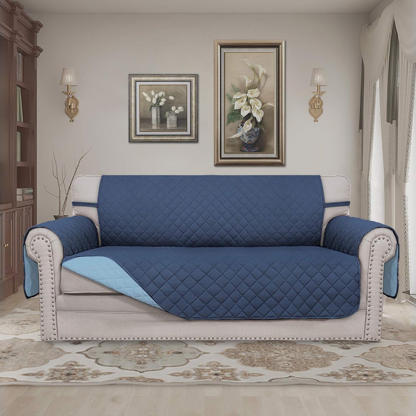 Easy-Going Sofa Slipcover Reversible Loveseat Sofa Cover Couch Cover for 2 Cushion Couch Furniture Protector with Elastic Straps for Pets Kids Dog Cat (Oversized Loveseat, Dark Blue/Light Blue)